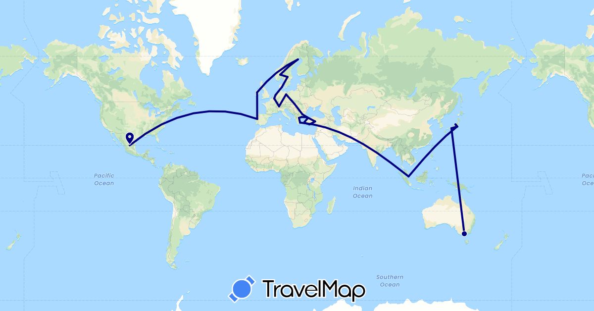 TravelMap itinerary: driving in Australia, Belgium, Bulgaria, Switzerland, Germany, Denmark, Greece, Ireland, Japan, Mexico, Netherlands, Norway, Portugal, Sweden, Singapore, Turkey (Asia, Europe, North America, Oceania)